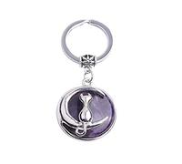Gem-Inside 2 inches Cat Animal Theme Natural Amethyst Quartz Chakra Stone Keychains Key Chains Rings for Girls Crafts Jewelry