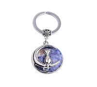 Gem-Inside 2 inches Cat Animal Theme Natural Blue Dot Sodalite Chakra Stone Keychains Key Chains Rings for Girls Crafts Jewelry