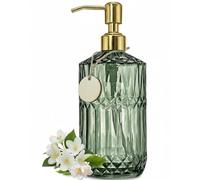 Gem Patterned Glass Soap Dispenser Bottle with Pump, 18Oz Refillable Liquid Hand Jar Dispenser for Bathroom, Countertop, Kitchen, Laundry Room (Green)