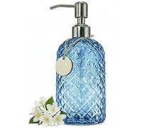 Gem Patterned Glass Soap Dispenser for Kitchen, 18Oz Refillable Hand soap Dispenser with Rust Proof Stainless Steel Pump, Clear Soap Dispenser Bathroom for Dish Soap, Hand soap, Lotion(Blue)