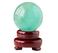 Gem Small Natural Fluorite Crystal Ball Green Purple Quartz Stone Ball with Decorative Wooden Stand for Home Decor, Green crystal-8cm