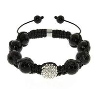 Gem Stone King 10MM Round Black Agate and White Crystal Pave Disco Ball Dia-Cut 7.5 Inch to 11 Inch Adjustable Bracelet For Women