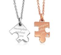 Gem Stone King 2 pieces Incomplete without You Diamond Accent Engraved Stainless Steel Perfect Pair Puzzle Piece Couple Pendant Necklace | Matching for Boyfriend Girlfriend Jewelry