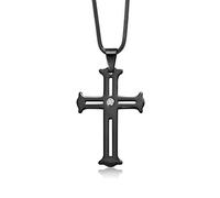 Gem Stone King Men's Scratch-Proof Tungsten Carbide Religious Cross Pendant Necklace with Lab Grown Diamonds and Black IP Plating on Stainless Steel Chain | G-H Color | VS2-SI1 Clarity
