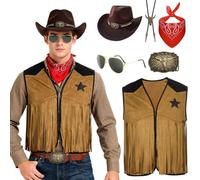 GEMAKA 6Pcs Cowboy Outfits Mens Fancy Dress Accessory Set Western Costume with Hat Tasseled Vest Paisley Bandanna Western Bolo Buckle Belts for Halloween Cosplay (Medium)