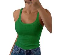 GEMBERA Women Spaghetti Strap Scoop Neck Ribbed Tank Tops Slim Fitted Cotton Camisole Basic Sleeveless Layering Shirts, Kellygreen, L