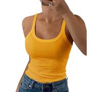 GEMBERA Women Spaghetti Strap Scoop Neck Ribbed Tank Tops Slim Fitted Cotton Camisole Basic Sleeveless Layering Shirts, Yellow, L