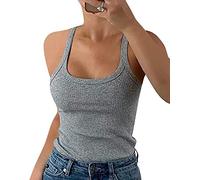 GEMBERA Women Spaghetti Strap Scoop Neck Ribbed Tank Tops Slim Fitted Cotton Camisole Basic Sleeveless Layering Shirts, Heather Grey, L