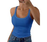 GEMBERA Women Spaghetti Strap Scoop Neck Ribbed Tank Tops Slim Fitted Cotton Camisole Basic Sleeveless Layering Shirts, Royalblue, L