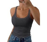 GEMBERA Women Spaghetti Strap Scoop Neck Ribbed Tank Tops Slim Fitted Cotton Camisole Basic Sleeveless Layering Woman Clothes Shirts, Dark Grey, L