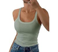 GEMBERA Women Spaghetti Strap Scoop Neck Ribbed Tank Tops Slim Fitted Cotton Camisole Basic Sleeveless Layering Shirts, Sage Green, M