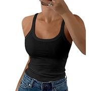 GEMBERA Women Spaghetti Strap Scoop Neck Ribbed Tank Tops Slim Fitted Cotton Camisole Basic Sleeveless Layering Shirts, Black, S