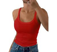 GEMBERA Women Spaghetti Strap Scoop Neck Ribbed Tank Tops Slim Fitted Cotton Camisole Basic Sleeveless Layering Shirts, Red, S