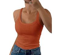 GEMBERA Women Spaghetti Strap Scoop Neck Ribbed Tank Tops Slim Fitted Cotton Camisole Basic Sleeveless Layering Shirts, Orange, L