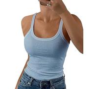 GEMBERA Women Spaghetti Strap Scoop Neck Ribbed Tank Tops Slim Fitted Cotton Camisole Basic Sleeveless Layering Shirts, Baby Blue, L
