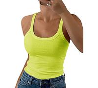 GEMBERA Women Spaghetti Strap Scoop Neck Ribbed Tank Tops Slim Fitted Cotton Camisole Basic Sleeveless Layering Shirts, Neon Green, L