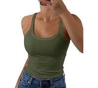 GEMBERA Women Spaghetti Strap Scoop Neck Ribbed Tank Tops Slim Fitted Cotton Camisole Basic Sleeveless Layering Shirts, OliveGreen, S
