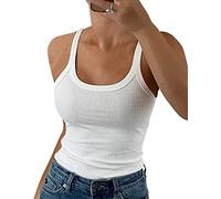 GEMBERA Women Spaghetti Strap Scoop Neck Ribbed Tank Tops Slim Fitted Cotton Camisole Basic Sleeveless Layering Shirts, White, L