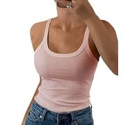 GEMBERA Women Spaghetti Strap Scoop Neck Ribbed Tank Tops Slim Fitted Cotton Camisole Basic Sleeveless Layering Shirts, Cameo Pink, M