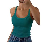 GEMBERA Women Spaghetti Strap Scoop Neck Ribbed Tank Tops Slim Fitted Cotton Camisole Basic Sleeveless Layering Shirts, Teal, L