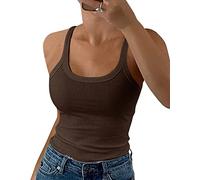GEMBERA Women Spaghetti Strap Scoop Neck Ribbed Tank Tops Slim Fitted Cotton Camisole Basic Sleeveless Layering Shirts, Brown, M