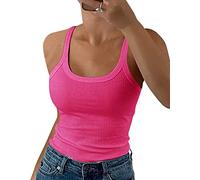 GEMBERA Women Spaghetti Strap Scoop Neck Ribbed Tank Tops Slim Fitted Cotton Camisole Basic Sleeveless Layering Shirts, Hotpink, L