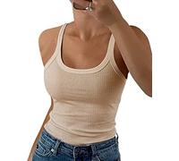 GEMBERA Women Spaghetti Strap Scoop Neck Ribbed Tank Tops Slim Fitted Cotton Camisole Basic Sleeveless Layering Shirts, Beige Tan, M