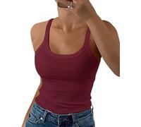 GEMBERA Women Spaghetti Strap Scoop Neck Ribbed Tank Tops Slim Fitted Cotton Camisole Basic Sleeveless Layering Shirts, Burgundy, XS