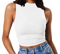 GEMBERA Women's Basic High Neck Sleeveless Slim Fitted Crop Halter Tank Top, White, Medium