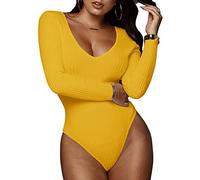GEMBERA Women's Deep V Neck Long Sleeve Bodysuit Ribbed Knit Bodycon Basic Bodysuit Tops, Mustard Yellow, Large