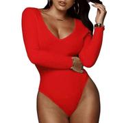 GEMBERA Women's Deep V Neck Long Sleeve Bodysuit Ribbed Knit Bodycon Basic Bodysuit Tops, Rouge Red, S