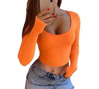 GEMBERA Women's Long Sleeve Scoop Neck Fitted Basic Crop Tee Top, Orange, Medium