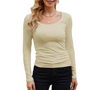 GEMBERA Womens Long Sleeve Scoop Neck Ribbed Knit Tops Casual Slim Fitted Basic Shirts, Beige, XL