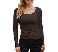 GEMBERA Womens Long Sleeve Scoop Neck Ribbed Knit Tops Casual Slim Fitted Basic Shirts, Brown, M