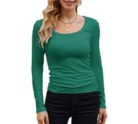 GEMBERA Womens Long Sleeve Scoop Neck Ribbed Knit Tops Casual Slim Fitted Basic Shirts, Darkgreen, M