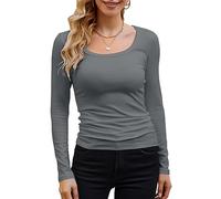 GEMBERA Womens Long Sleeve Scoop Neck Ribbed Knit Tops Casual Slim Fitted Basic Shirts, Darkgrey, L