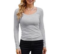 GEMBERA Womens Long Sleeve Scoop Neck Ribbed Knit Tops Casual Slim Fitted Basic Shirts, Heathergrey, S
