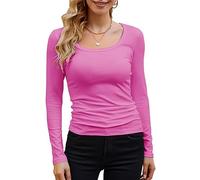 GEMBERA Womens Long Sleeve Scoop Neck Ribbed Knit Tops Casual Slim Fitted Basic Shirts, Hotpink, XL