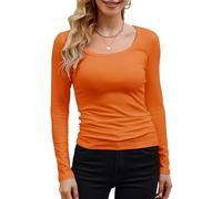 GEMBERA Womens Long Sleeve Scoop Neck Ribbed Knit Tops Casual Slim Fitted Basic Shirts, Orange, L