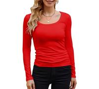 GEMBERA Womens Long Sleeve Scoop Neck Ribbed Knit Tops Casual Slim Fitted Basic Shirts, Red, L
