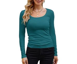 GEMBERA Womens Long Sleeve Scoop Neck Ribbed Knit Tops Casual Slim Fitted Basic Shirts, Teal, M