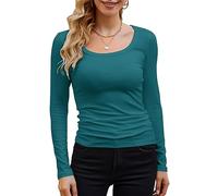 GEMBERA Womens Long Sleeve Scoop Neck Ribbed Knit Tops Casual Slim Fitted Basic Shirts, Teal, XL