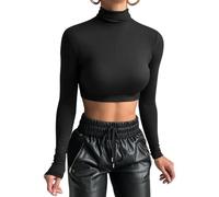 GEMBERA Women's Long Sleeve Turtleneck Crop Tops Fitted Basic T Shirt Top, Black, M