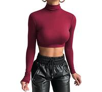 GEMBERA Women's Long Sleeve Turtleneck Crop Tops Fitted Basic T Shirt Top, Burgundy, S