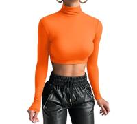 GEMBERA Women's Long Sleeve Turtleneck Crop Tops Fitted Basic T Shirt Top, Orange, S