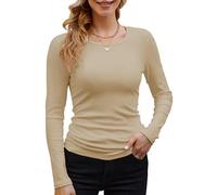 GEMBERA Womens Ribbed Long Sleeve Crewneck Casual Slim Basic Shirts Fitted Knit Tops, Beige Tan, S