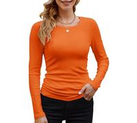 GEMBERA Womens Ribbed Long Sleeve Crewneck Casual Slim Basic Shirts Fitted Knit Tops, Orange, S