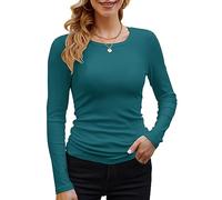 GEMBERA Womens Ribbed Long Sleeve Crewneck Casual Slim Basic Shirts Fitted Knit Tops, Teal, S