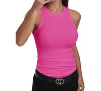 GEMBERA Womens Sleeveless Racerback High Neck Casual Basic Cotton Ribbed Fitted Tank Top, Hotpink, XL