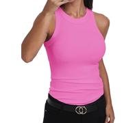 GEMBERA Womens Sleeveless Racerback High Neck Casual Basic Cotton Ribbed Fitted Tank Top, Neon Hotpink, L